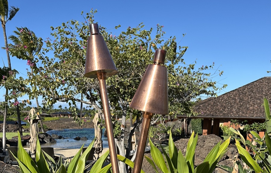 KAZ copper tiki torches installed at a Kona, Hawaii resort