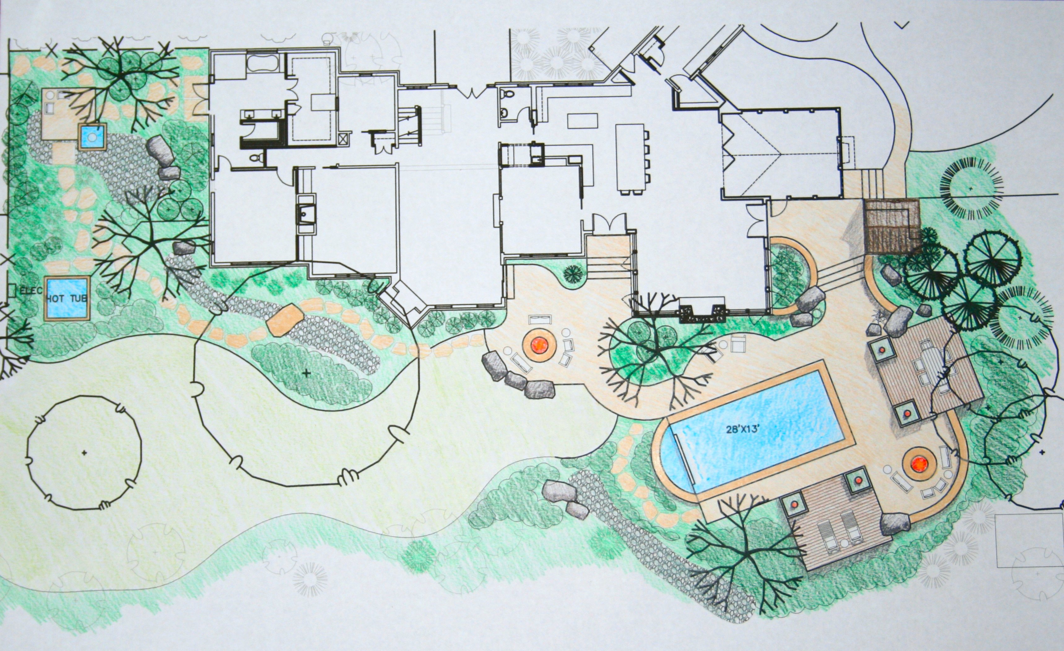 Luxury infinity pool landscape with professional fire features